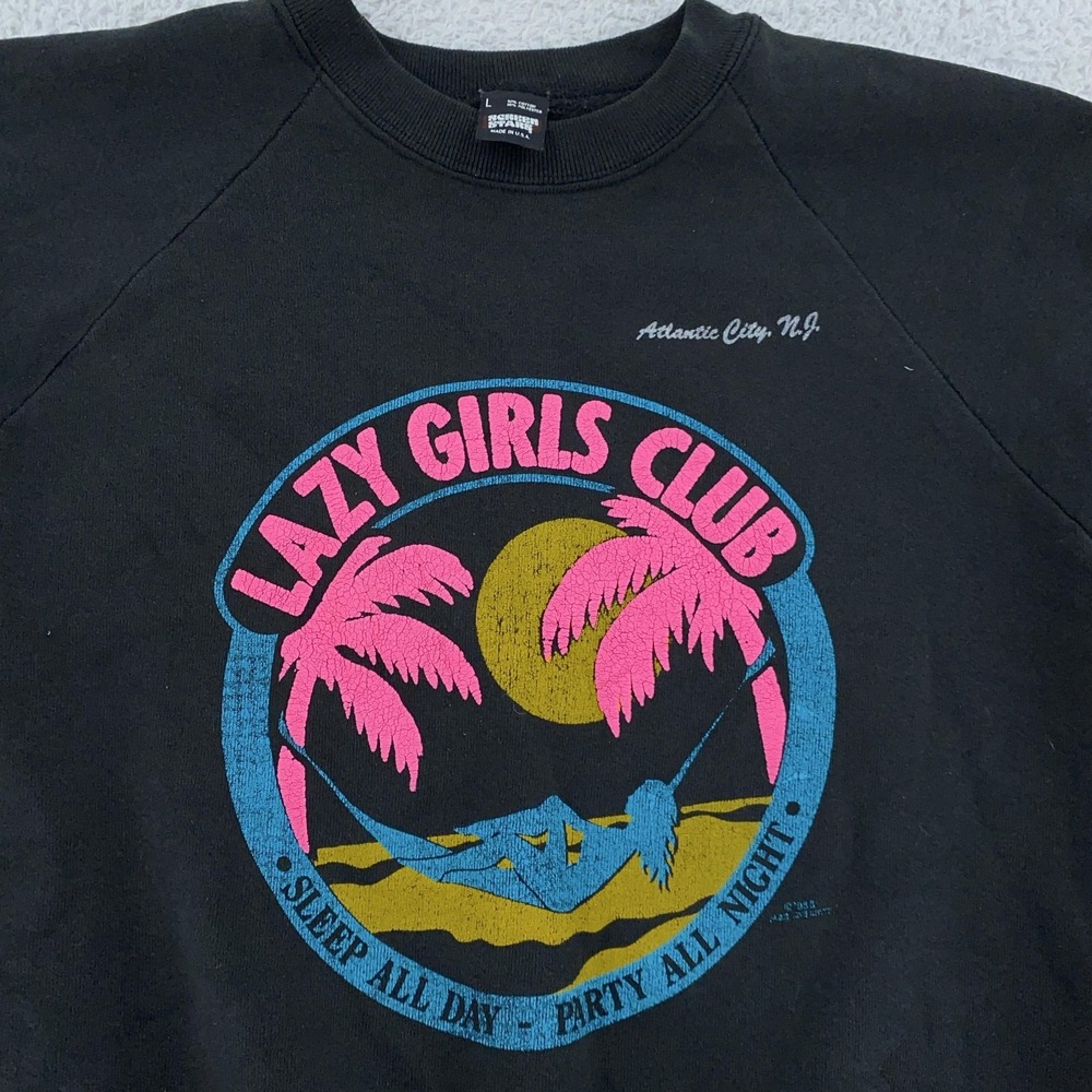 Vintage Lazy Girls Club Sweatshirt XS Black Atlantic City NJ 80s Party Beach